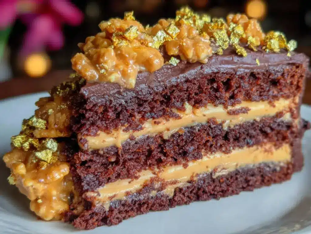 gold flake chocolate taurus layer cake - featured image