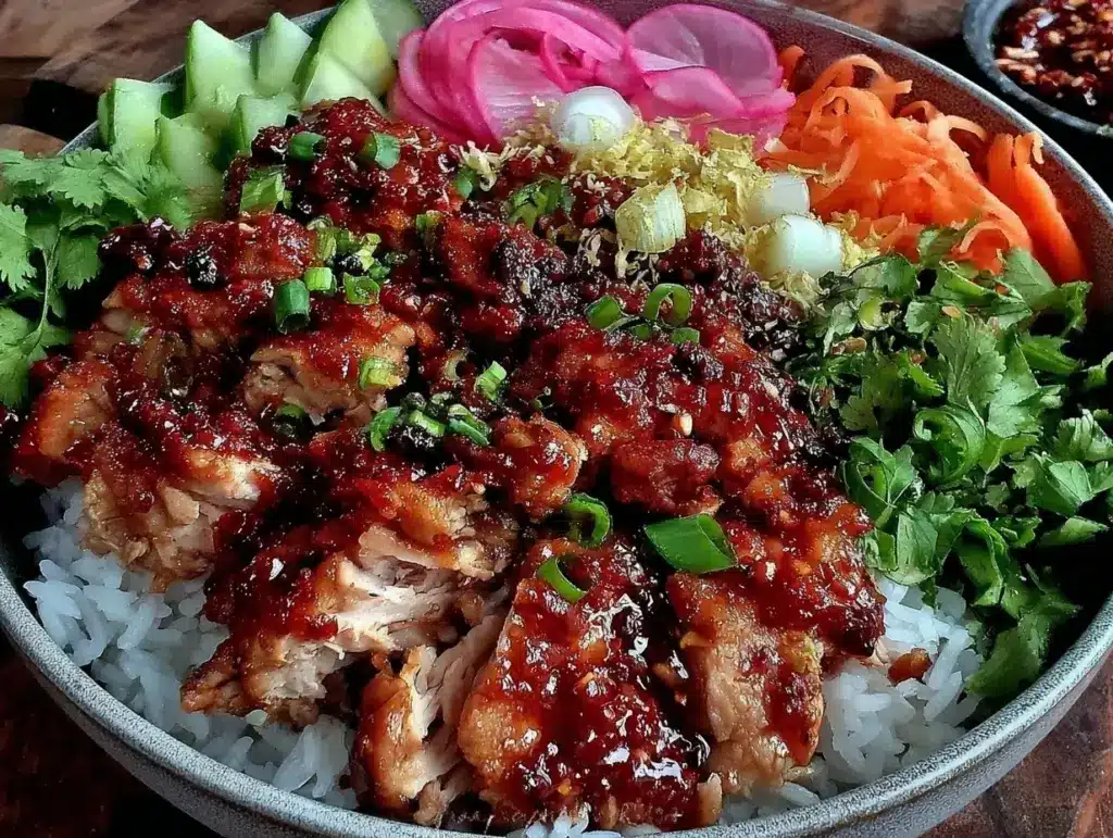 honey sriracha chicken rice bowl - featured image