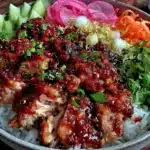 honey sriracha chicken rice bowl - featured image