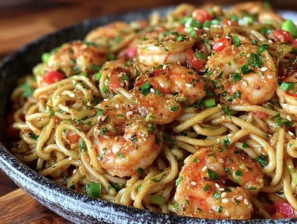 longevity noodles with garlic shrimp - featured image